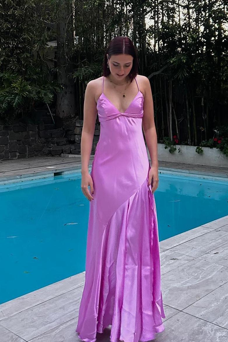Robe Weitese à bretelles spaghetti en satin lilas sans manches avec fente